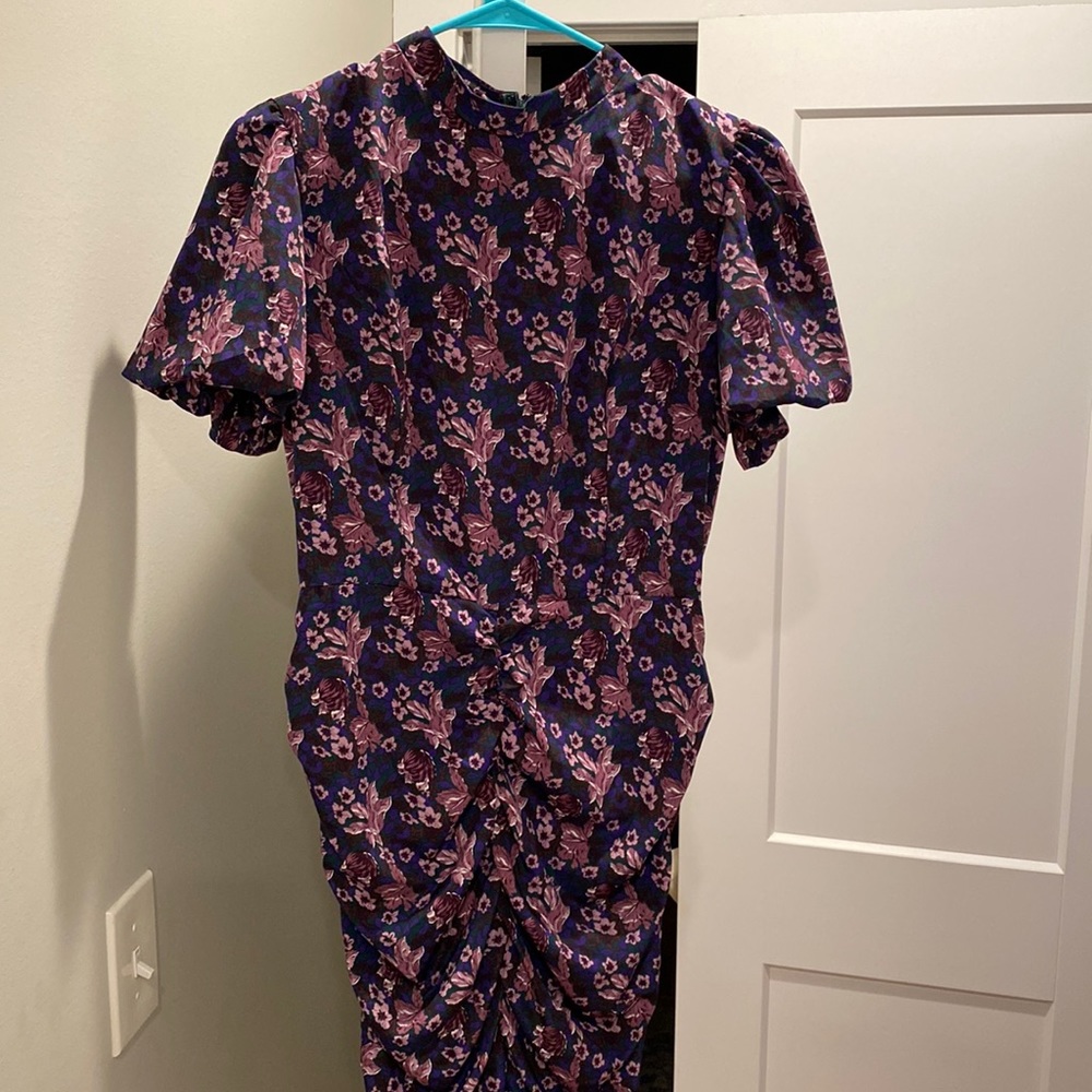 High neck puff short sleeve mini dress.